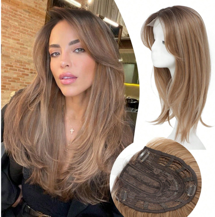 18 Inch-Layered Hair Topper: Light Brown with Blonde Highlights