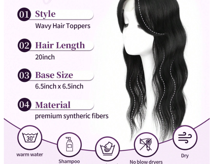 20 Inch- Curly Hair Topper: Black