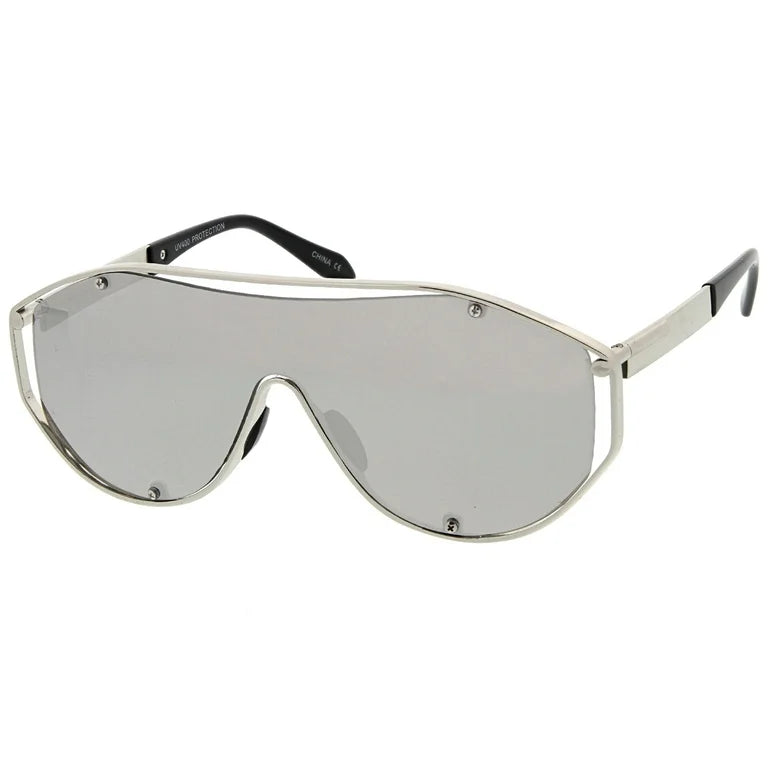 Unisex Futuristic Metal Frame Inner Rimless Mono Lens Sunglasses in Silver or Gold