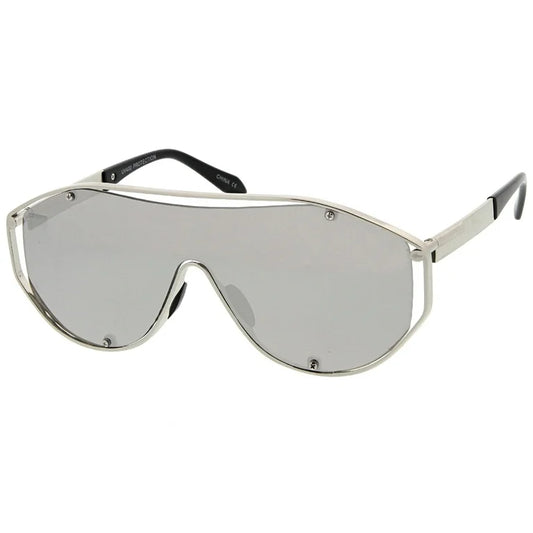 Unisex Futuristic Metal Frame Inner Rimless Mono Lens Sunglasses in Silver or Gold