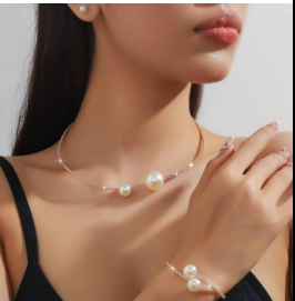 Simple Elegant Pearl Jewelry Set Shiny Alloy Rhinestone Pearl Choker Set