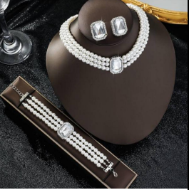 European & American Style Pearl Necklace, Bracelet, Earrings Set