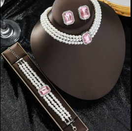 European & American Style Pearl Necklace, Bracelet, Earrings Set