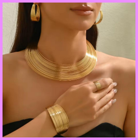 Big Gold Metal Jewelry Set for Women New Gold Plated Choker Hoop Earrings Bangle Set for Party