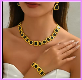 Black Stone Necklace and Earring Bracelet 3PCS Set Dubai Gold Plated Jewelry Set for Women