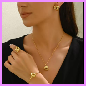 Knot Necklace and Earring Bracelet Ring 4 PCS Set Gold Plated Jewelry Set