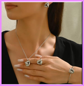 Knot Necklace and Earring Bracelet Ring 4 PCS Set Gold Plated Jewelry Set