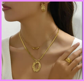 Leaf Necklace and Earring Ring 3 PCS Set Gold Plated Jewelry Set