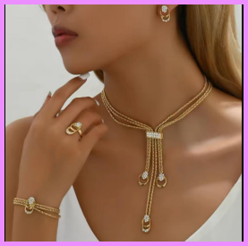 Gold Plated Earrings Necklace Bracelet Ring 4 Pcs One Set Jewelry Sets