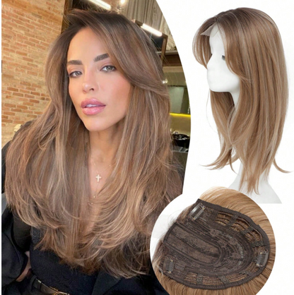 18 Inch-Layered Hair Topper: Light Brown with Blonde Highlights